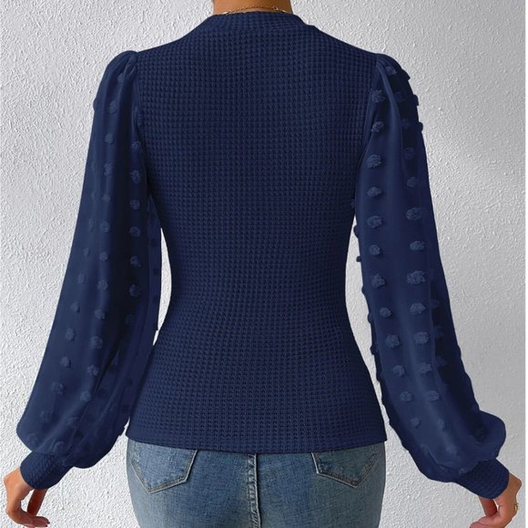 Swiss Dot Lantern Sleeve Mock Neck Top - Picture 2 of 6